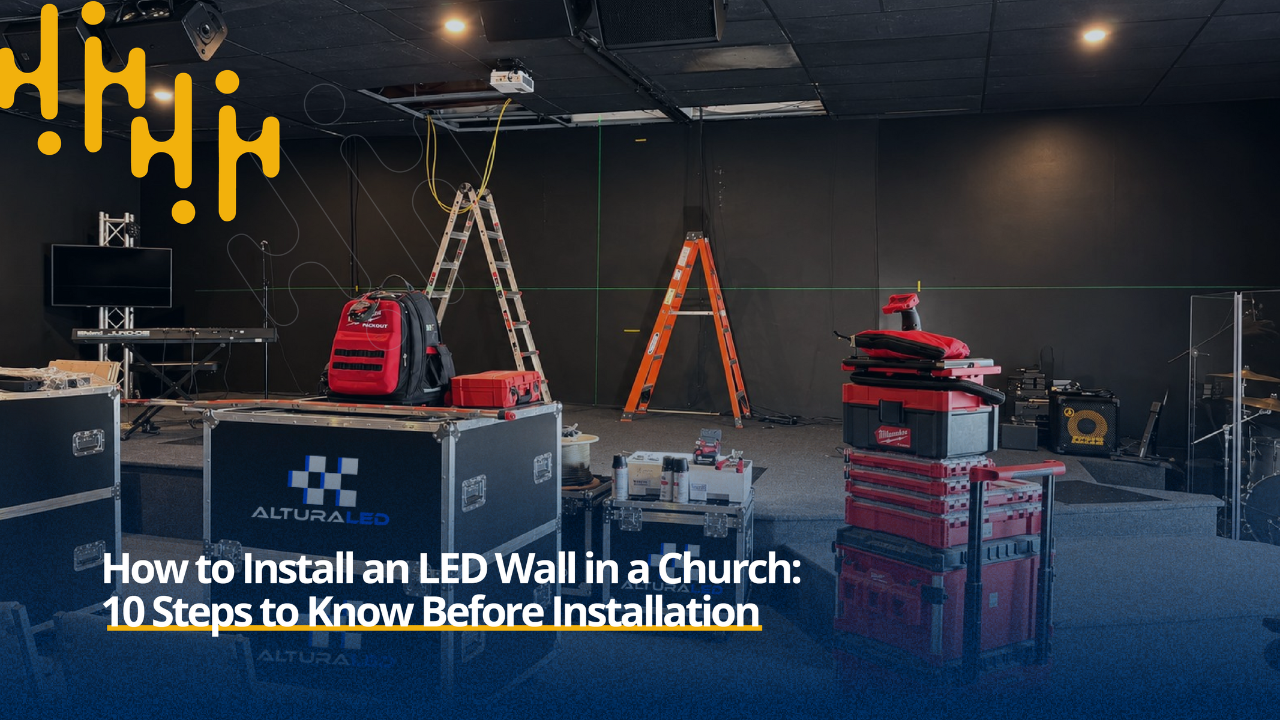 Altura LED equipment cases and installation tools staged in a church production room before LED wall installation