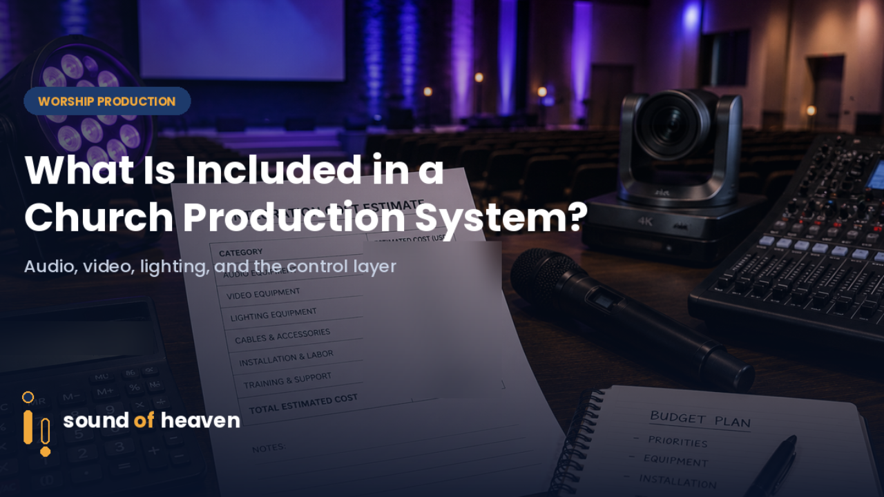 Church production planning desk with equipment and an integration cost estimate sheet