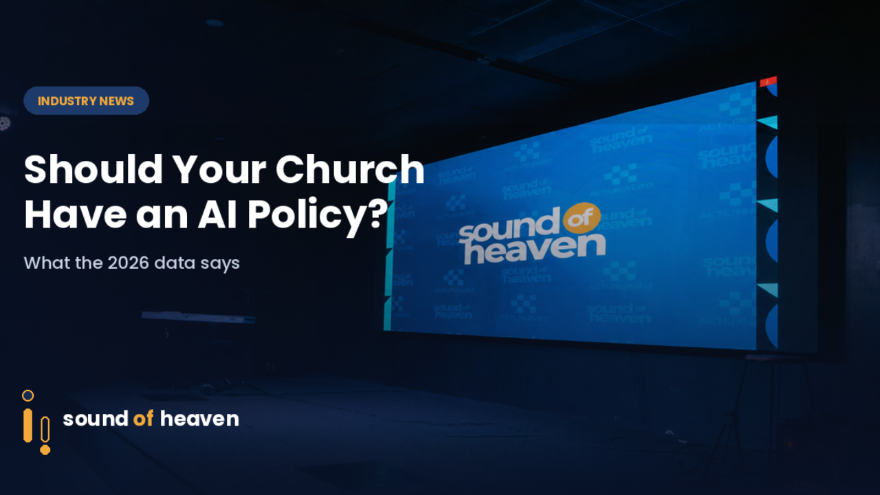 Church technology setup showing a large screen displaying the Sound of Heaven brand
