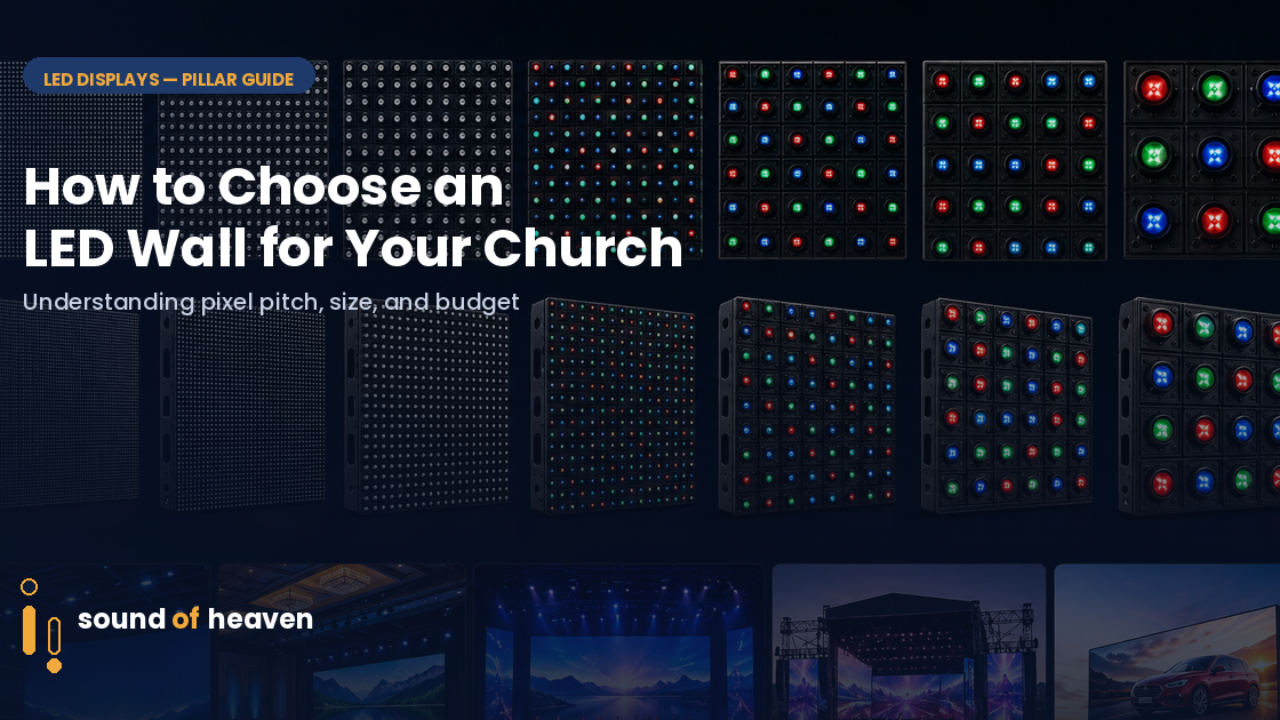 Close-up grid of LED wall panels illustrating pixel pitch options for church displays