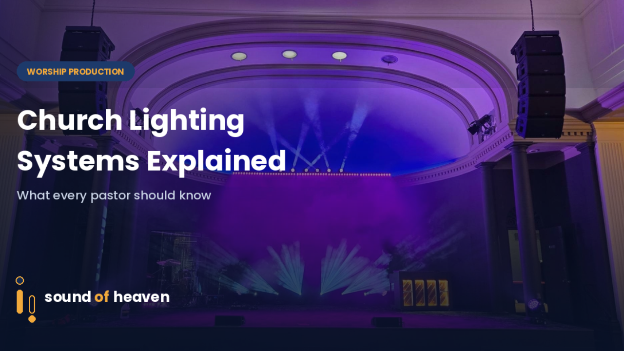 "Modern church lighting setup showing stage lighting fixtures and beam effects during worship