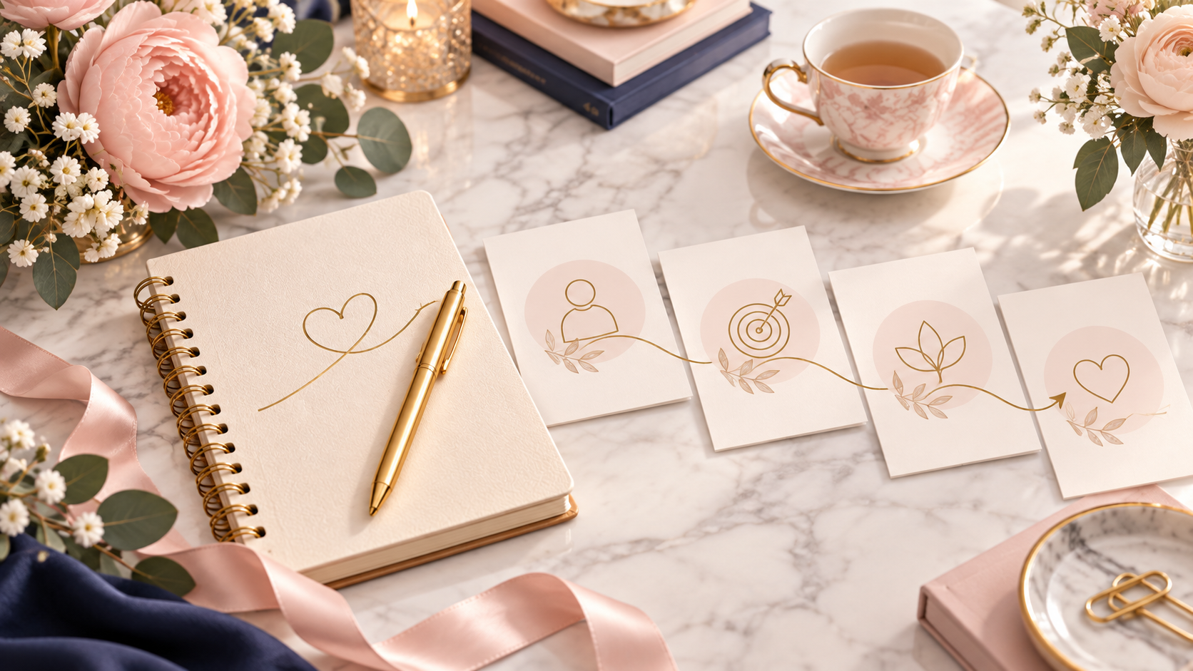 A cream notebook, gold pen, tea and blush floral details arranged to suggest a thoughtful step-by-step process.