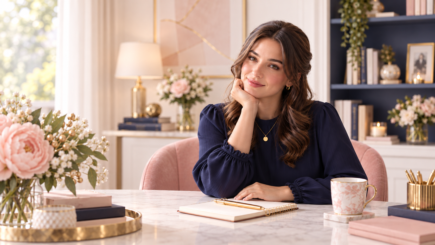 A thoughtful young woman in a navy blouse seated in a warm suburban home setting.