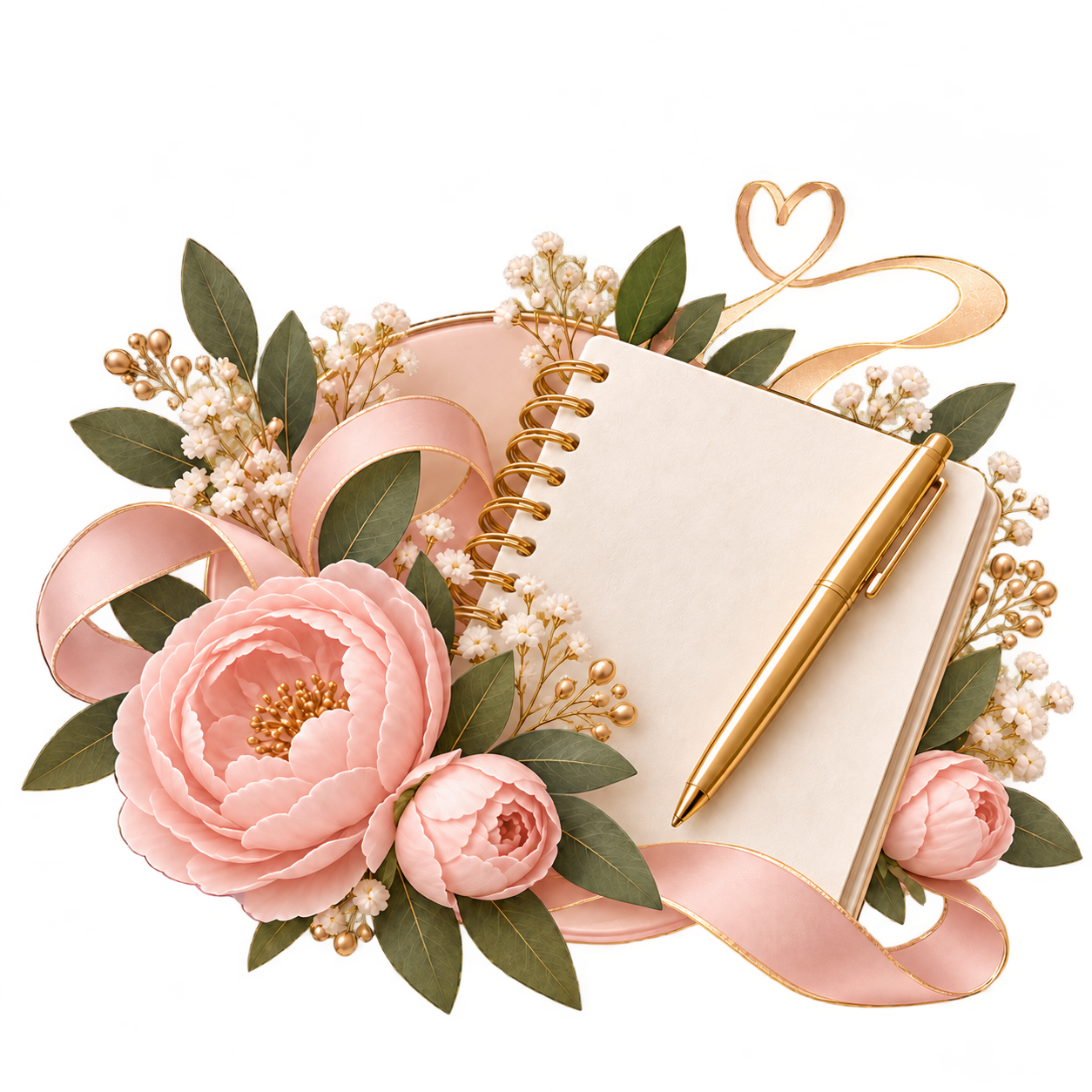 Blush flowers, ribbon, notebook and gold pen.