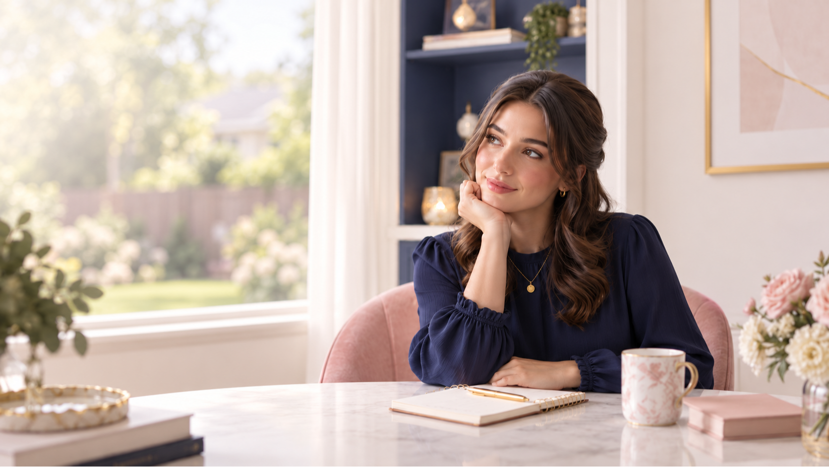 A thoughtful young woman in a navy blouse beside a window overlooking a suburban backyard.