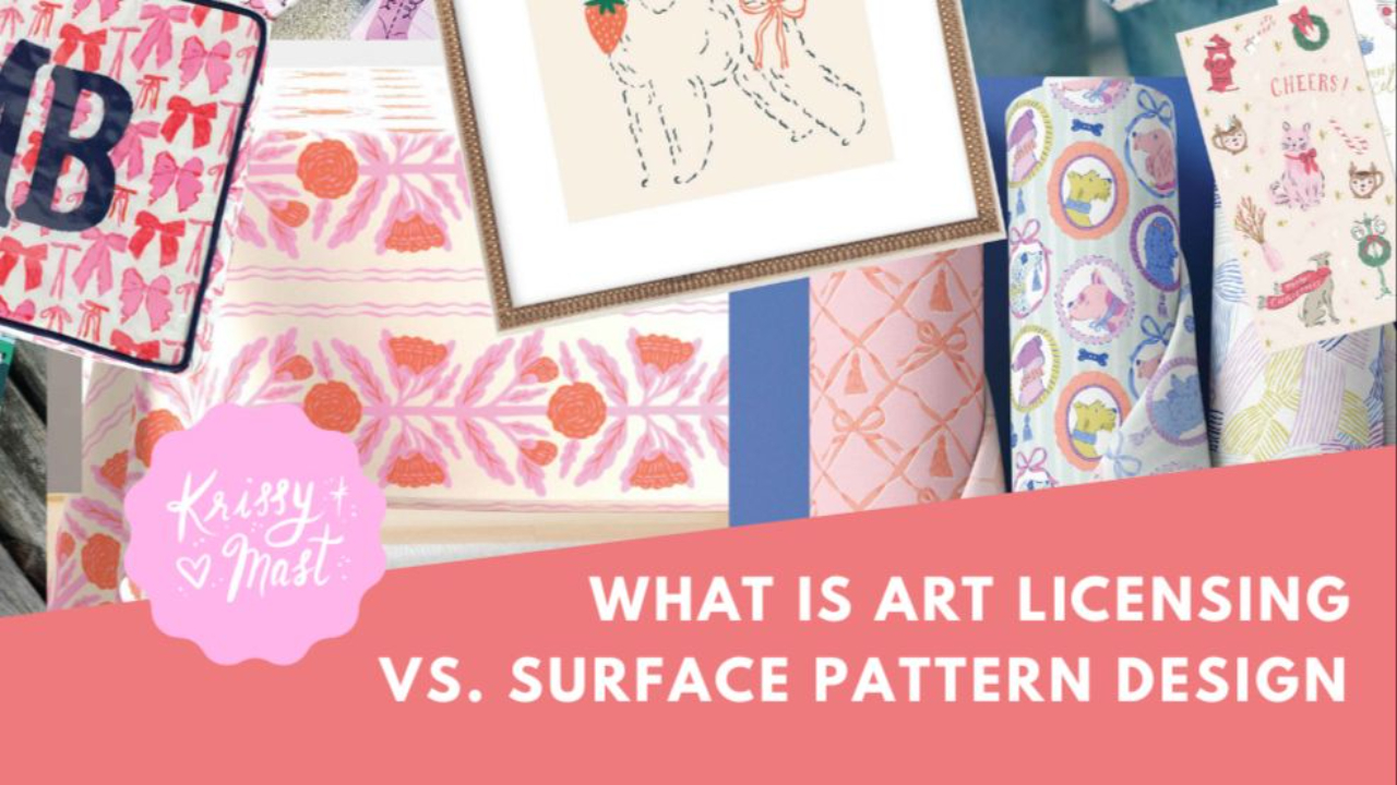 Images of products with Krissy Mast patterns on them with the text 'What is art licensing vs. surface pattern design'