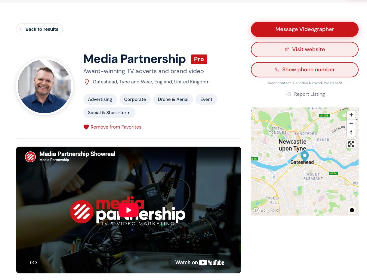 A live Video Network Pro profile with Message Videographer, Visit website and Show phone number buttons
