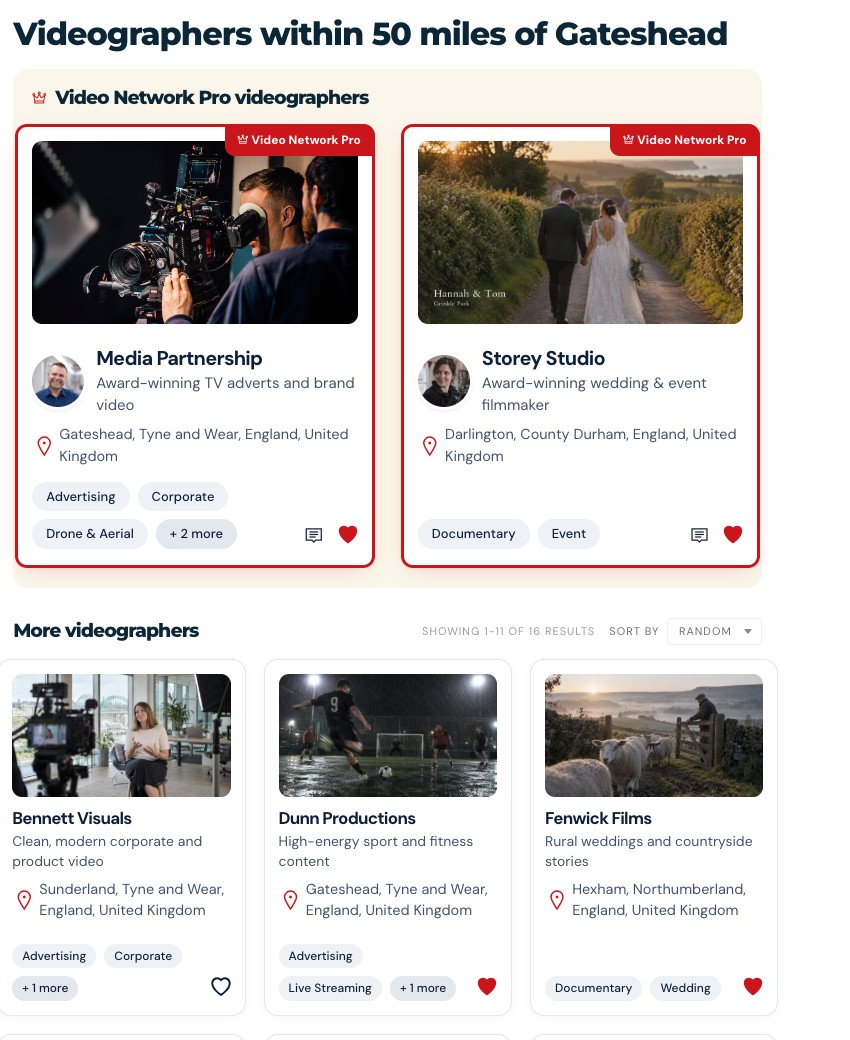 Video Network search results: the Video Network Pro videographers shelf sits above the free listings