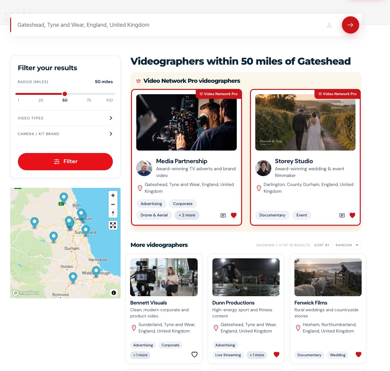 The Video Network directory: search by location and radius, filter by video type and camera brand, with Video Network Pro members shown first