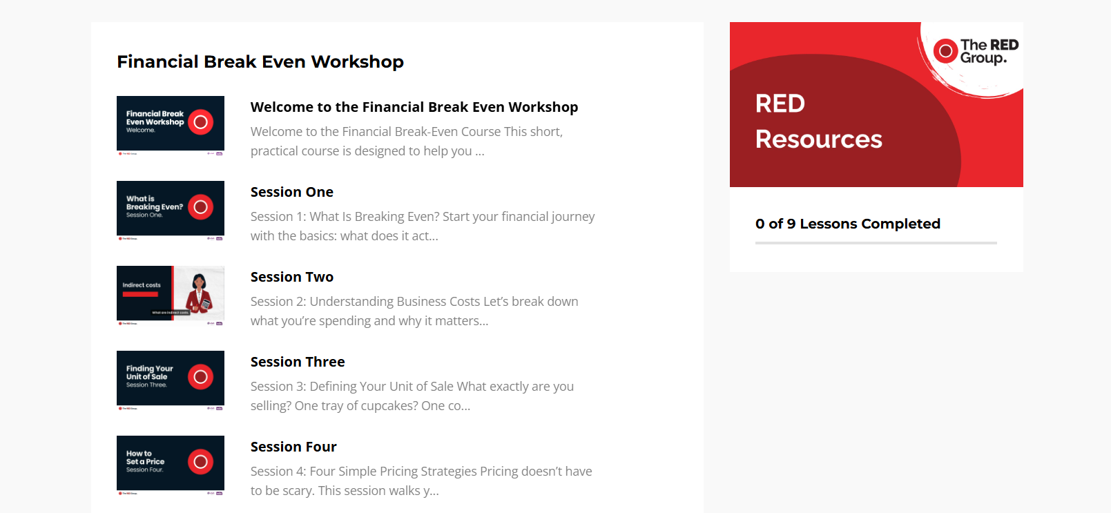 Screenshot of RED Group’s online platform showing progress in financial and enterprise learning modules