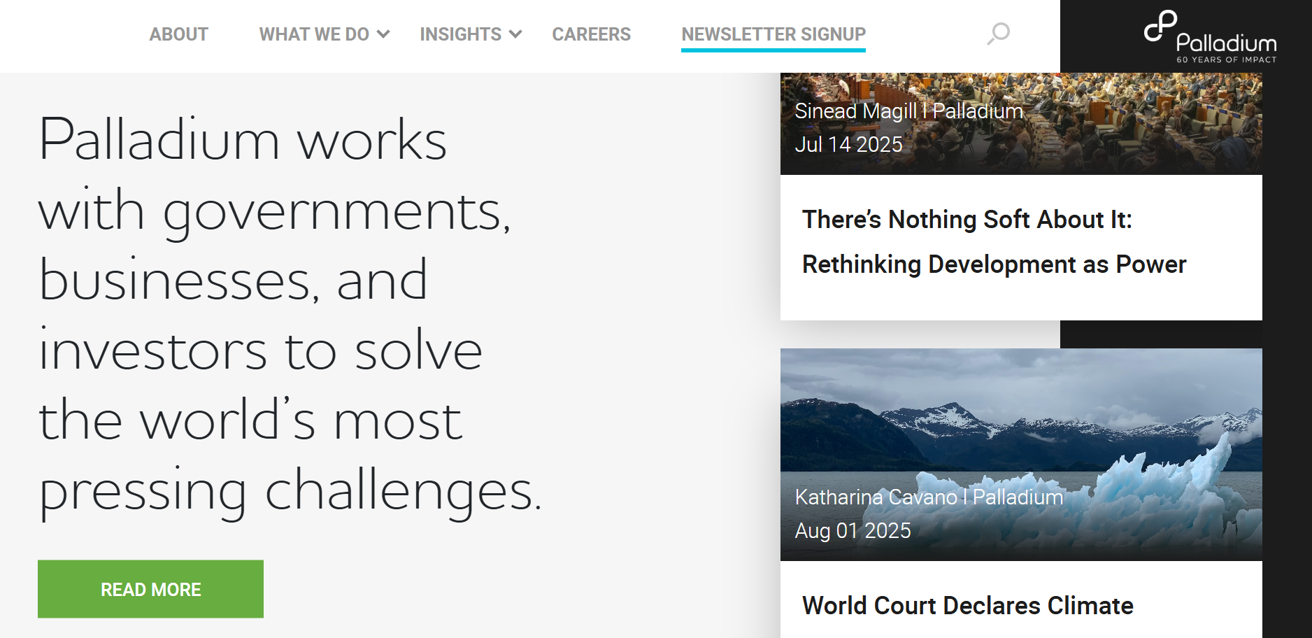 Webpage screenshot from Palladium highlighting its mission and two featured articles on development and climate.