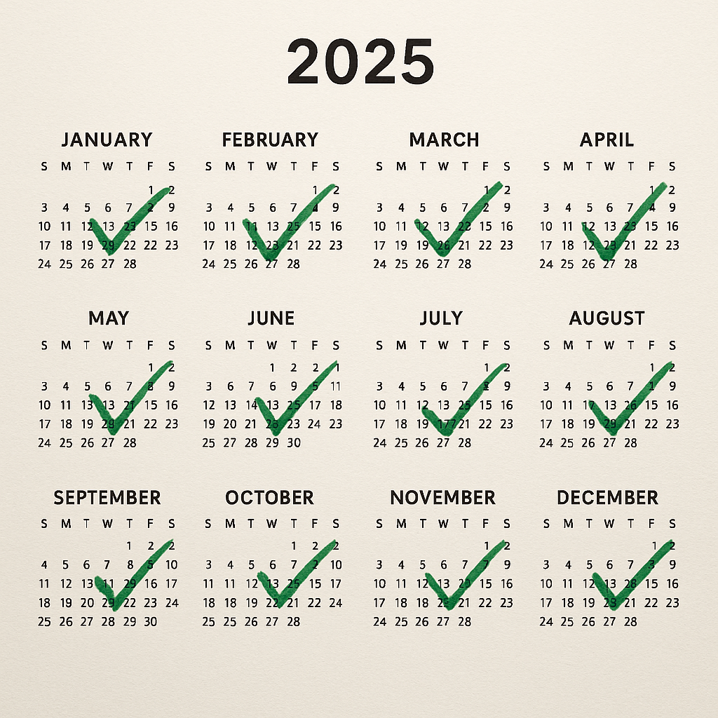 2025 calendar with green tickmarks over each month, symbolizing completed goals or milestones.