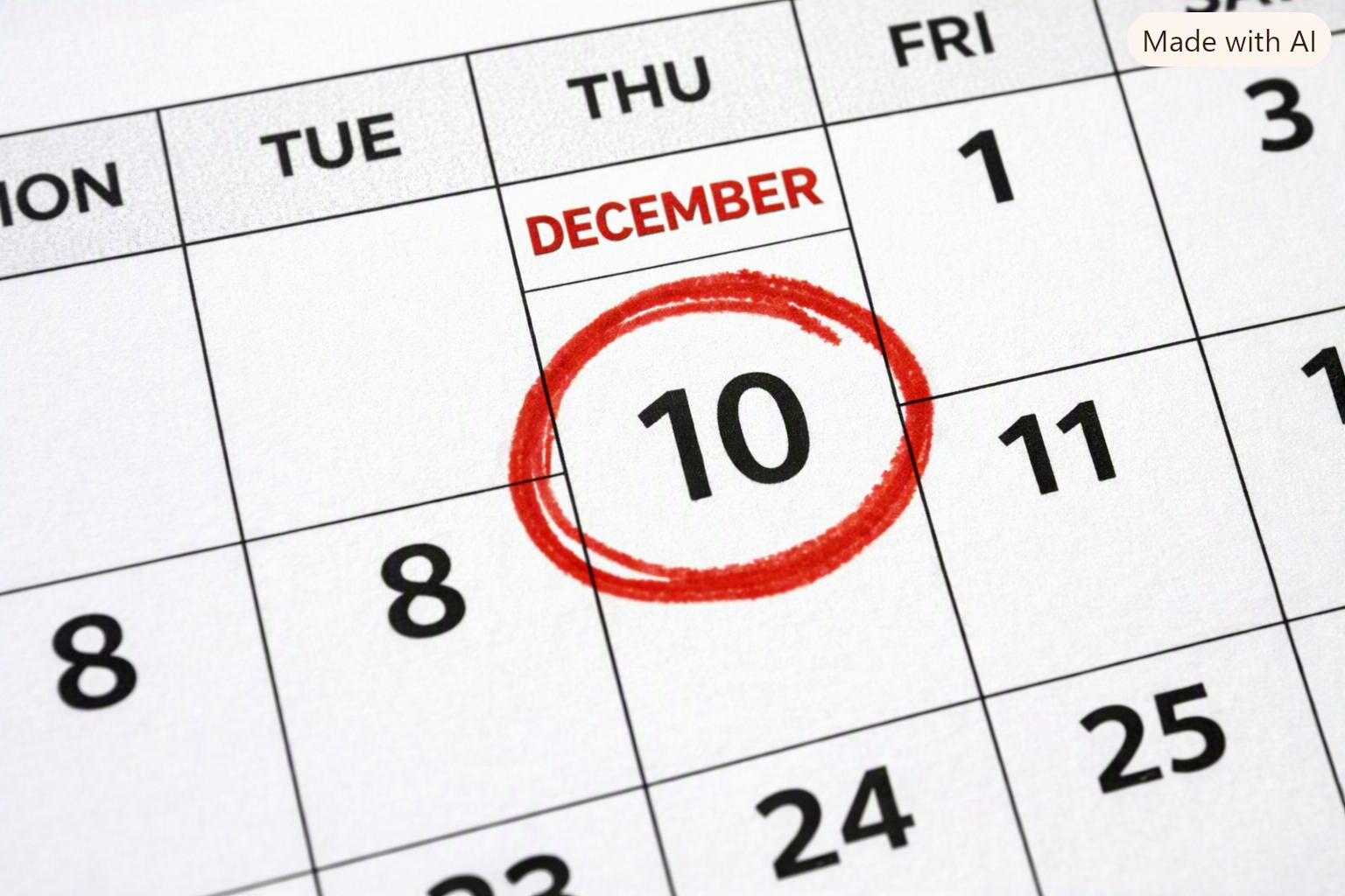 image Close‑up of a white calendar page showing Thursday, December 10. The date ‘10’ is circled in thick red marker ink, standing out against black printed numbers and grid lines.