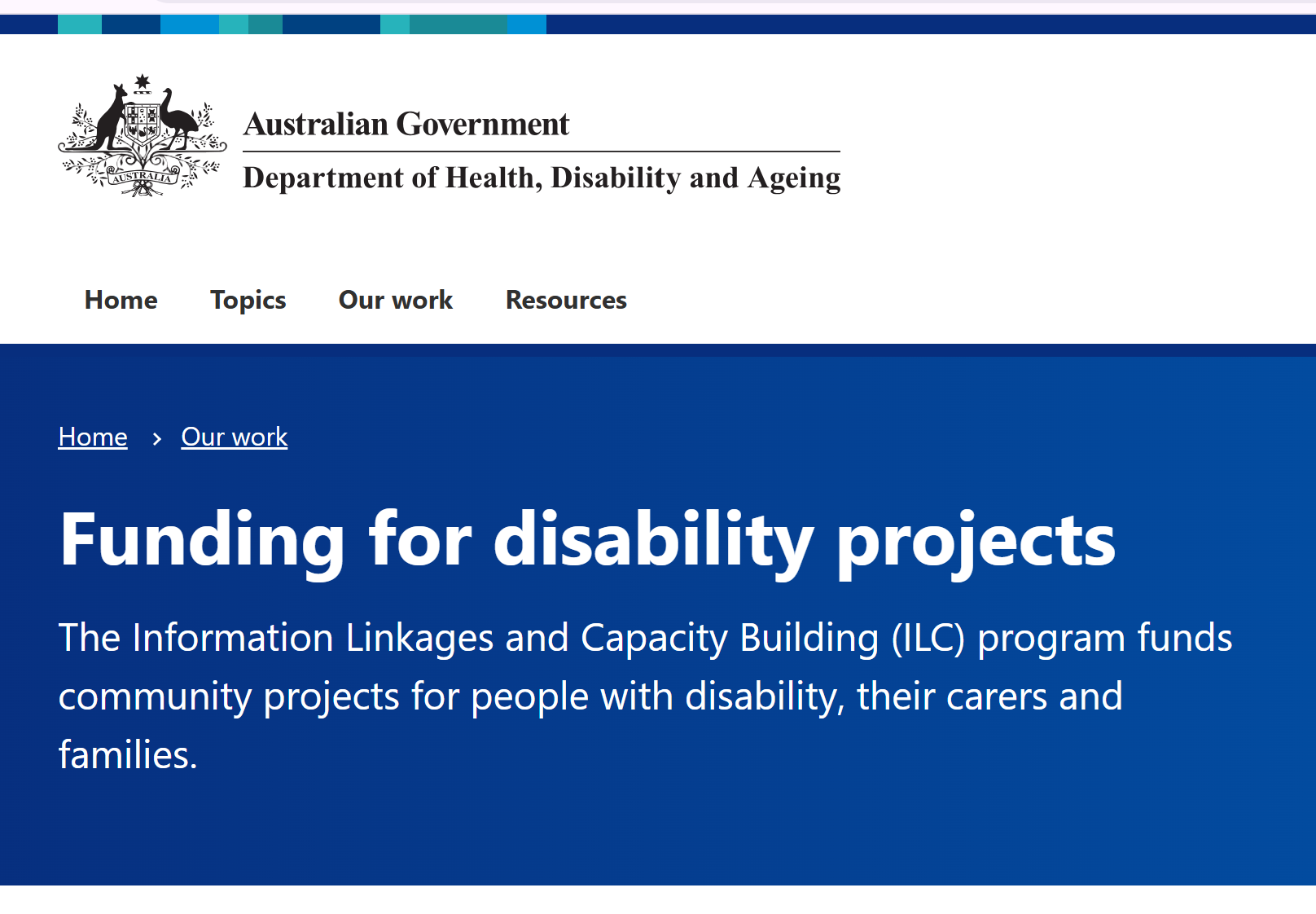 Screenshot from Australian Government site about disability project funding through the ILC program.