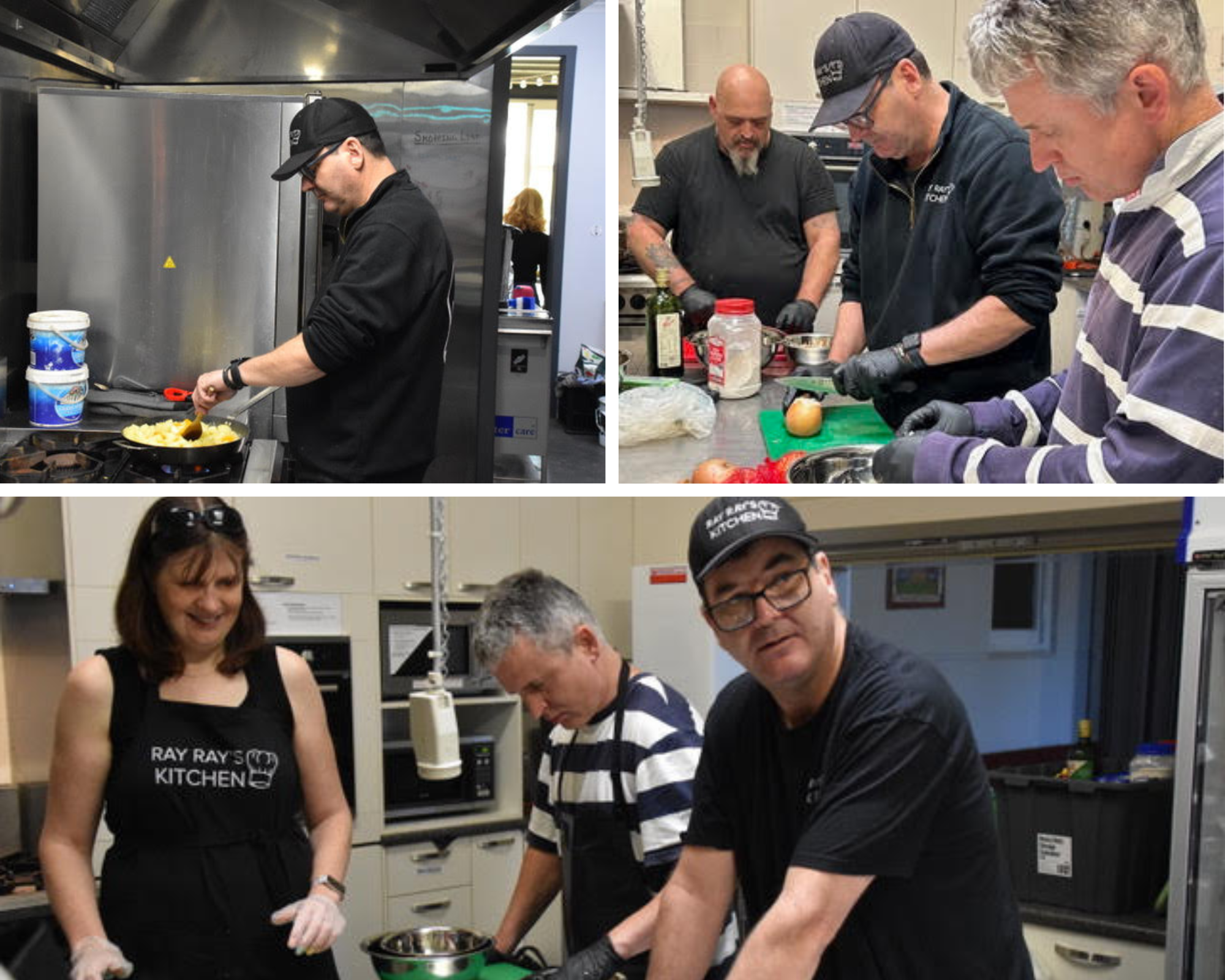Collage of three kitchen scenes: one person cooking at a stove, three preparing food at a counter, and three collaborating with bowls, including someone in a 'Ray Ray’s Kitchen' apron.
