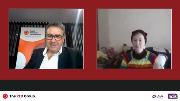 Split-screen video call showing a suited man before a 'Rapid Enterprise Development' banner and another participant in a striped shirt, with RED Group, Viva, and NDIS logos below.