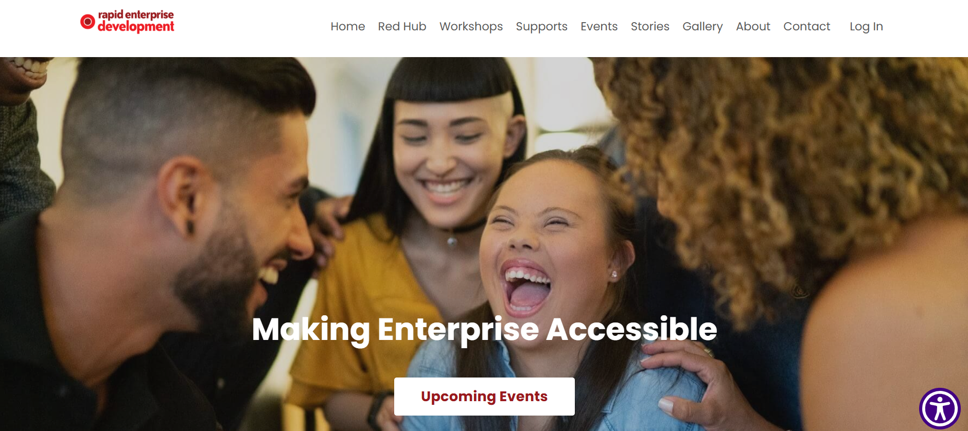 Homepage screenshot of Rapid Enterprise Development with smiling group and 'Making Enterprise Accessible' message.