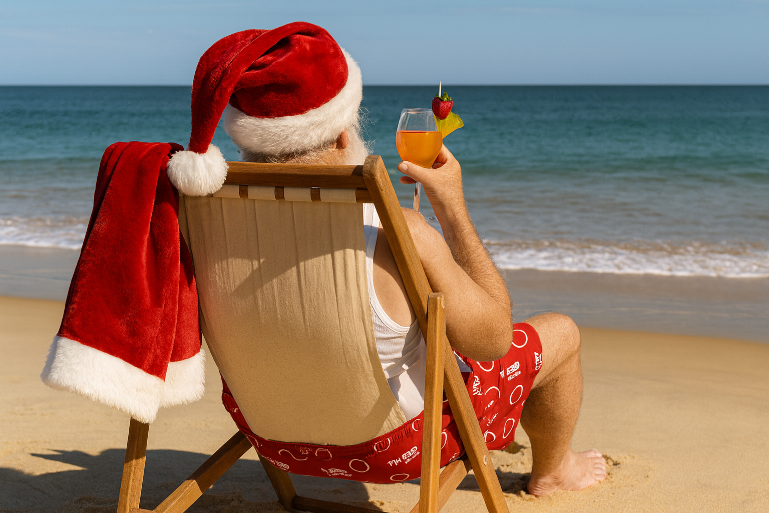 Person in Santa hat relaxes on tropical beach with cocktail, blending holiday cheer and vacation vibes.