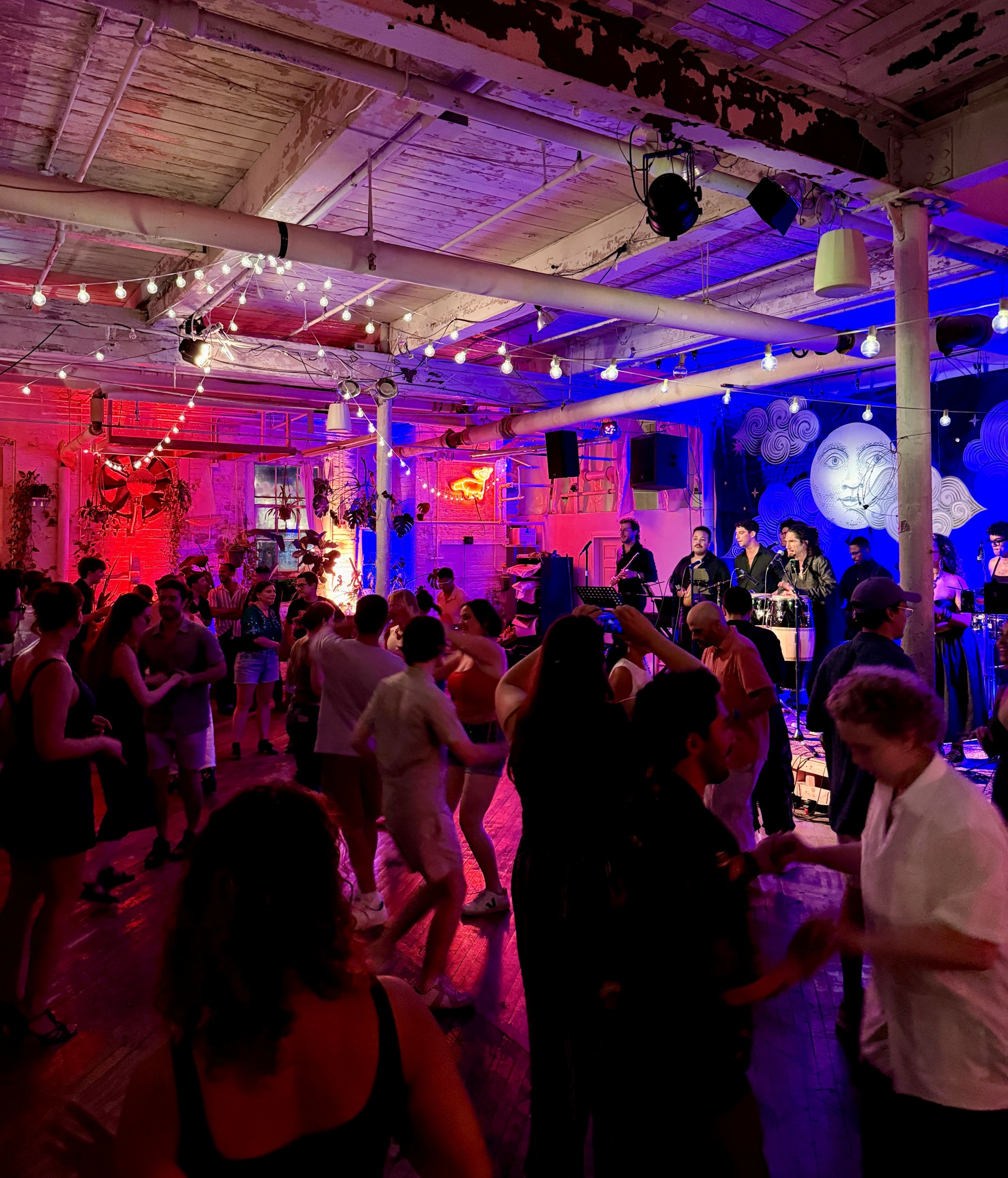 John Glennon Los Mambiseros at Life Drawing Boston People dancing to music by Los Manbiseros, John Glennon on trumpet