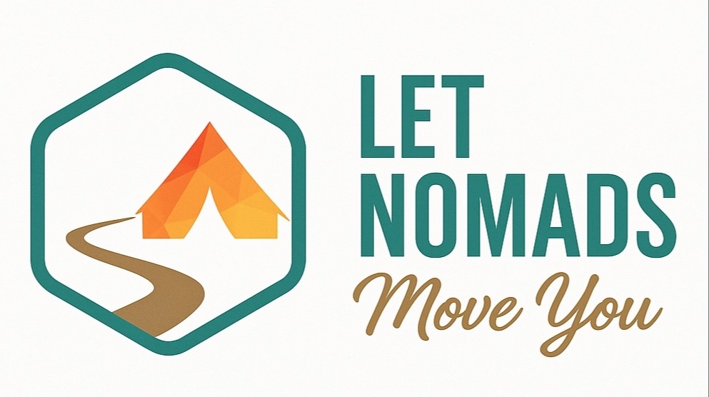Let Nomads Move You logo with winding path around orange geodesic tent inside green hexigone