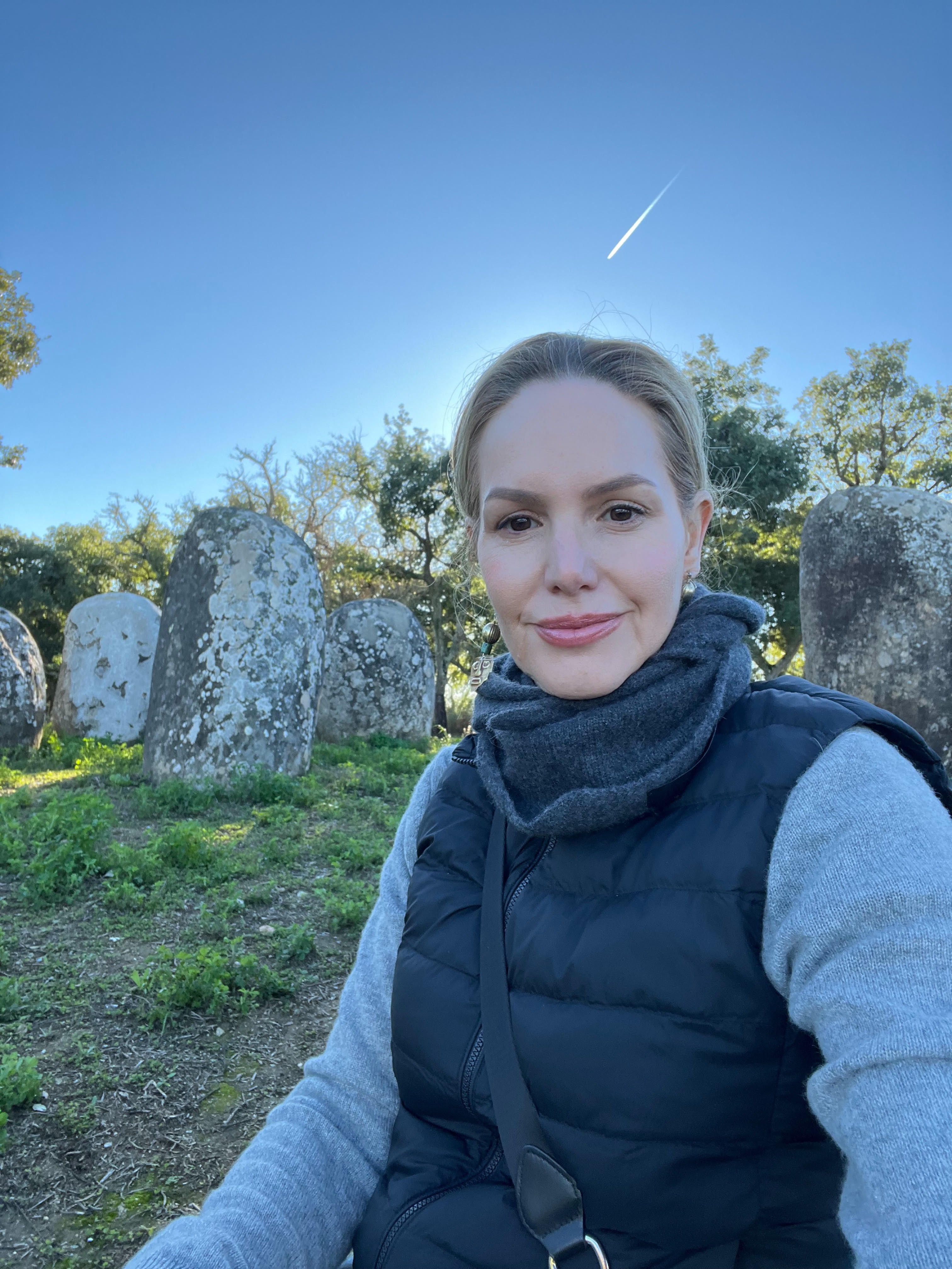 Mee McCormick at Cromlech of Almendres in Portugal
