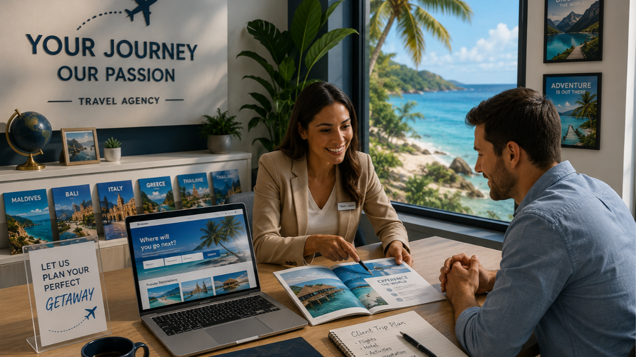 A travel agent consulting with a client in an agency office