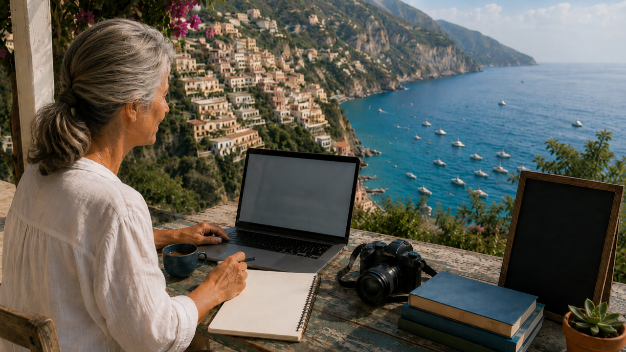 Independent travel agent working on a laptop on the Amalfi Coast