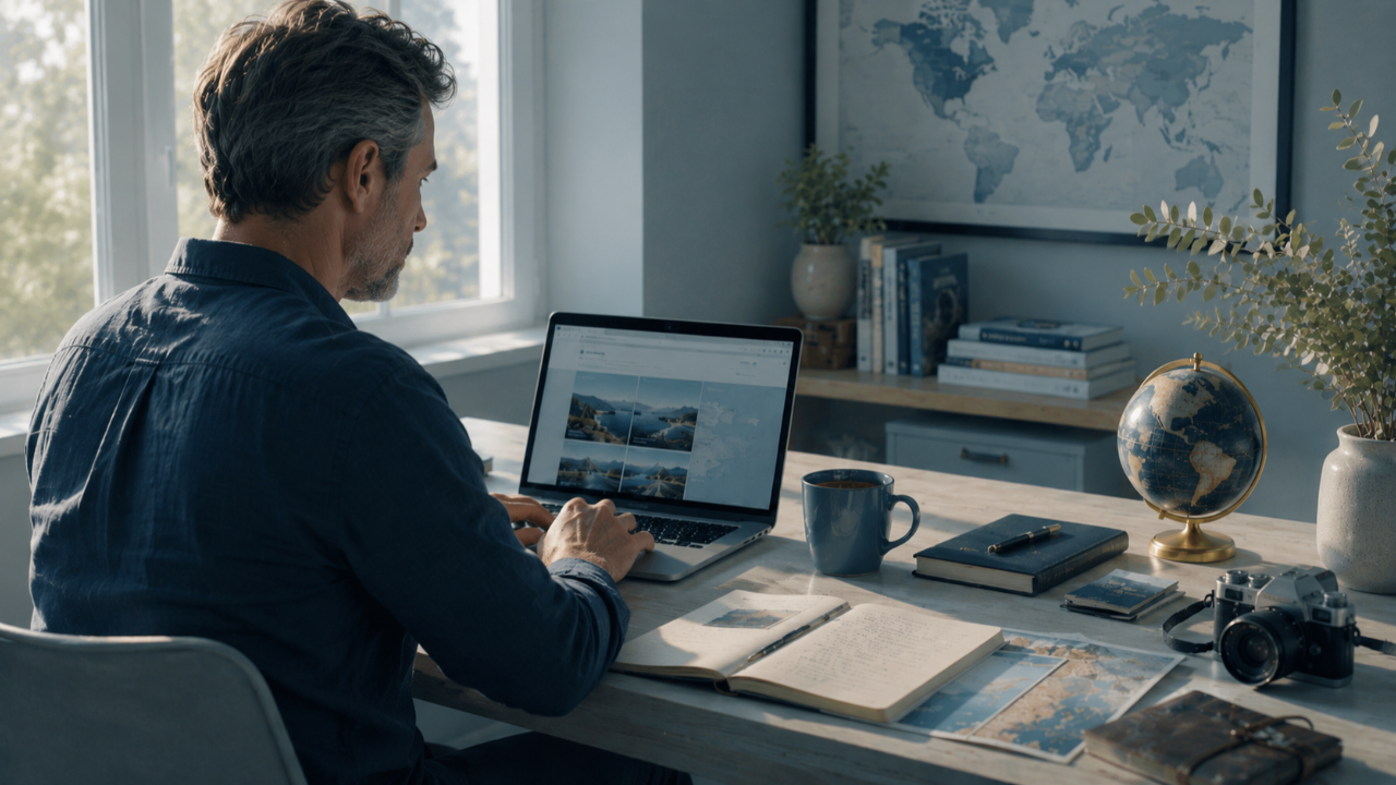 A male travel agent working from a home office