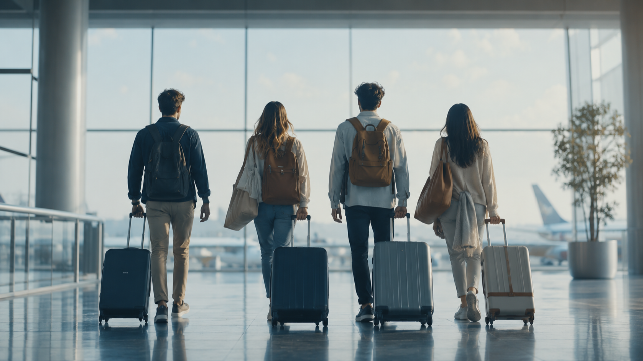 A group of travelers with luggage at an airport terminal
