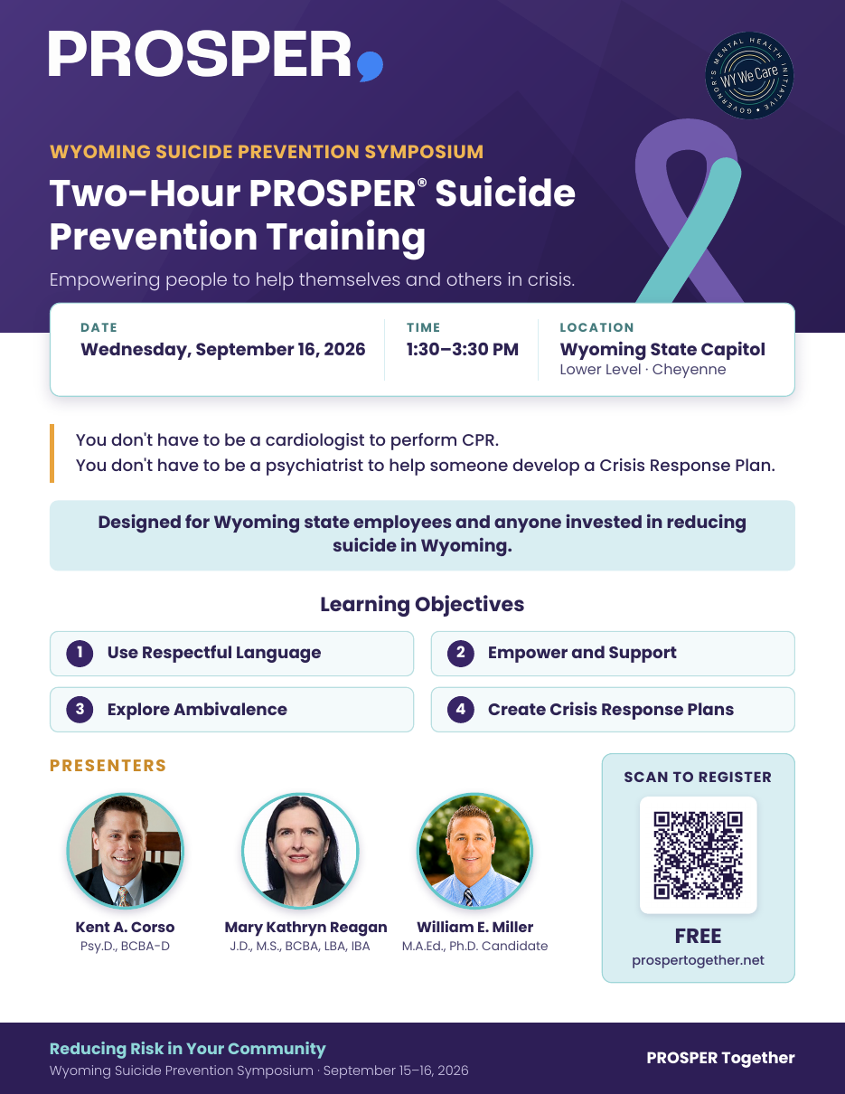 Official flyer for the September 16, 2026 Wyoming Suicide Prevention Symposium PROSPER training