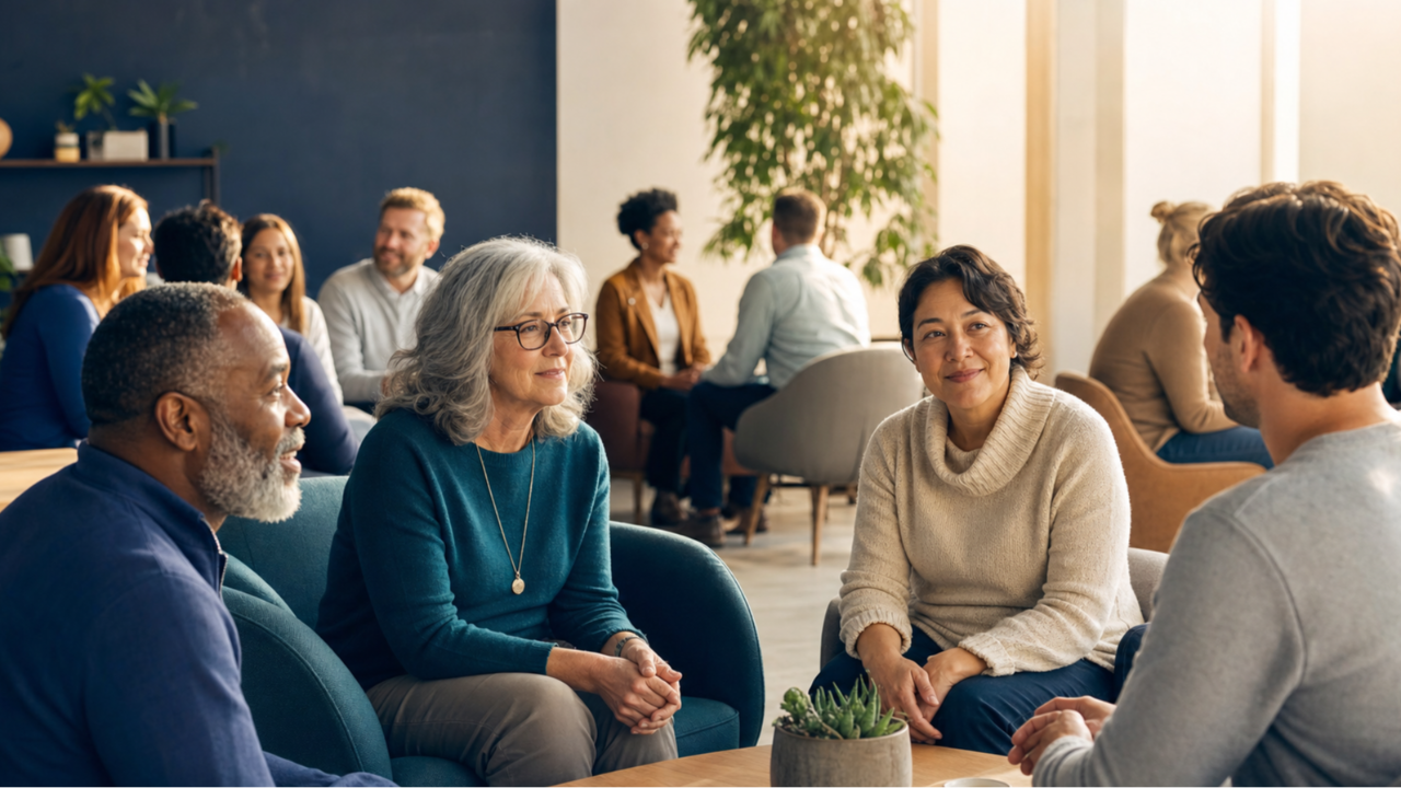 A diverse group of professionals participating in a supportive discussion