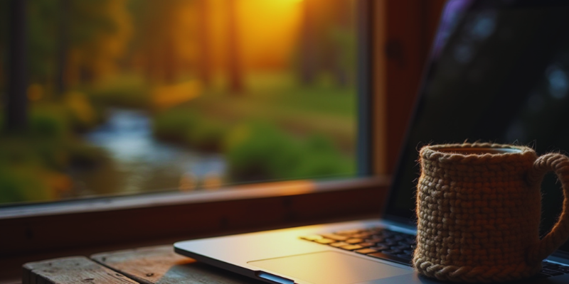 A table with a laptop and cup of coffee