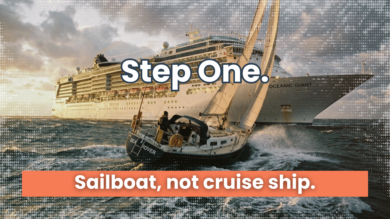 Image showing a sailboat dwarfed by a cruise ship in choppy water.