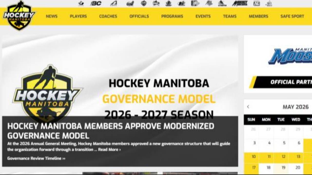A screenshot of the Hockey Manitoba webpage with the headline "Hockey Manitoba Members Approve Modernized Governance Model"