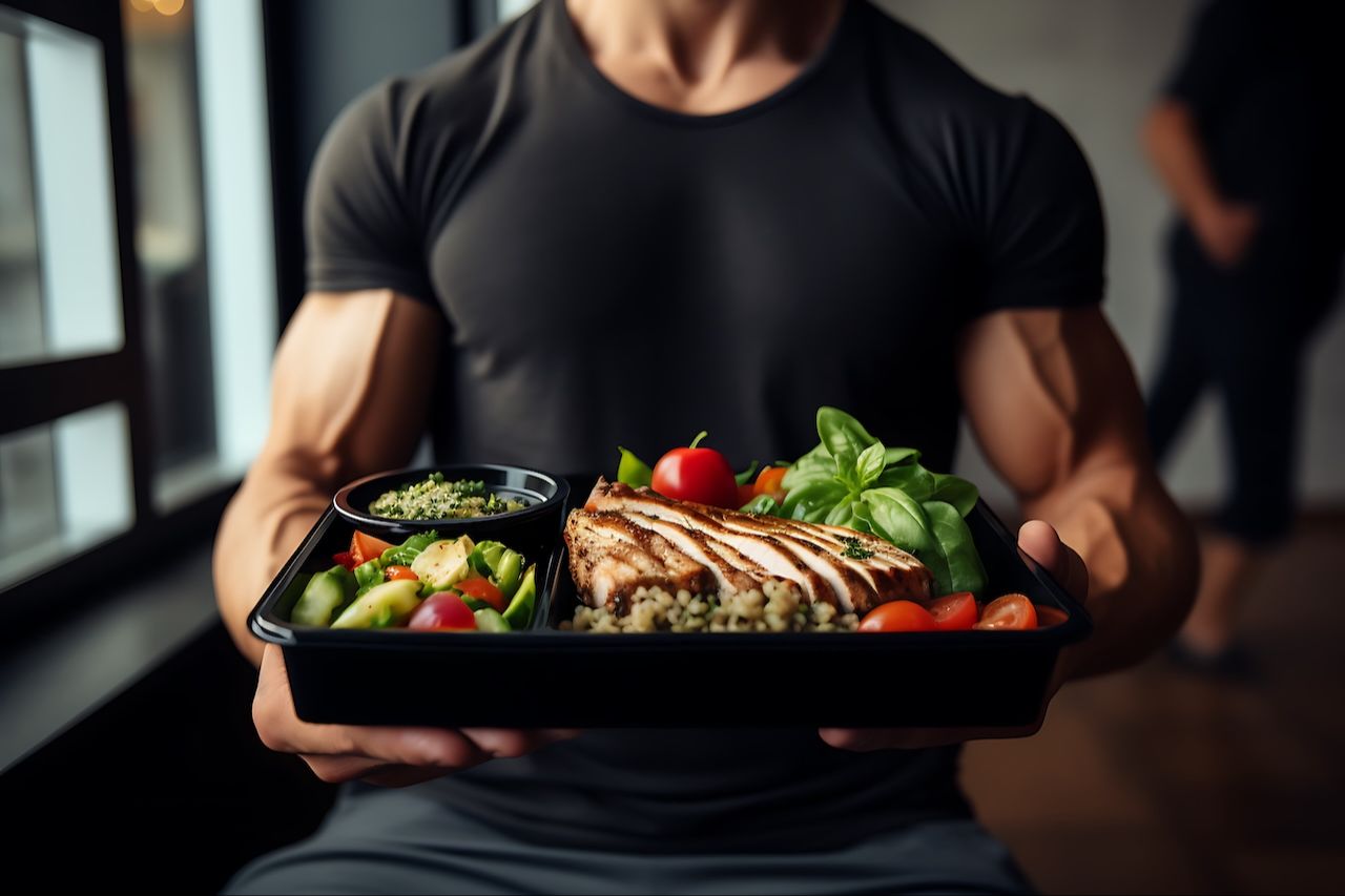 Atleta con piano pasto proteico – pollo grigliato e verdure per la performance sportiva
