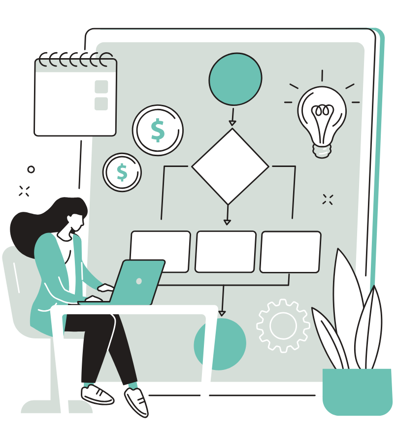 Illustration of a creator working with a visual workflow and automation map, representing how AI can help manage processes, organize tasks, and streamline business operations inside Kajabi.
