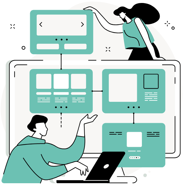 Illustration of course creators organizing connected lesson layouts for a growing online course.