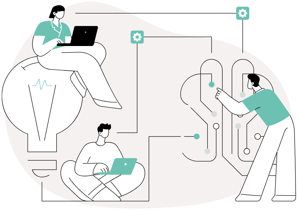 Illustration of people in connected systems working together, representing a streamlined learning path around a unified topic or outcome.