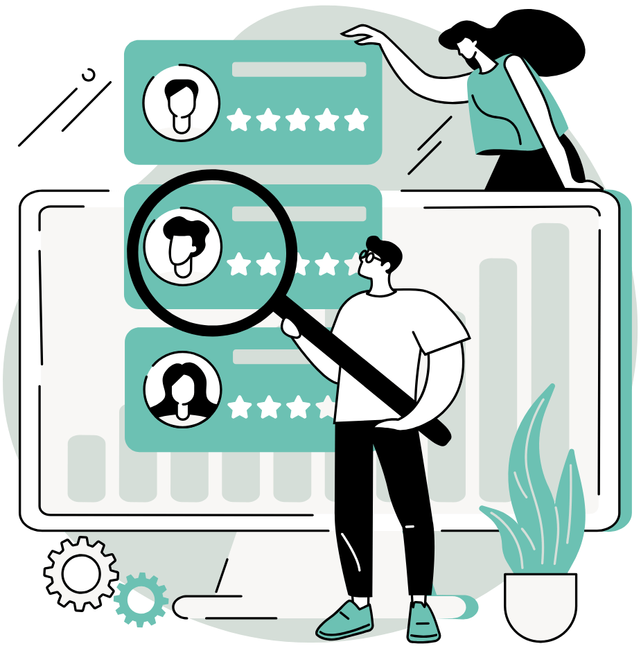 Illustration of learners reviewing ratings and evaluation cards on a digital dashboard, representing alternative ways to provide meaningful feedback through quizzes, example answers, checklists, rubrics, and annotated examples without requiring one-on-one instructor review.