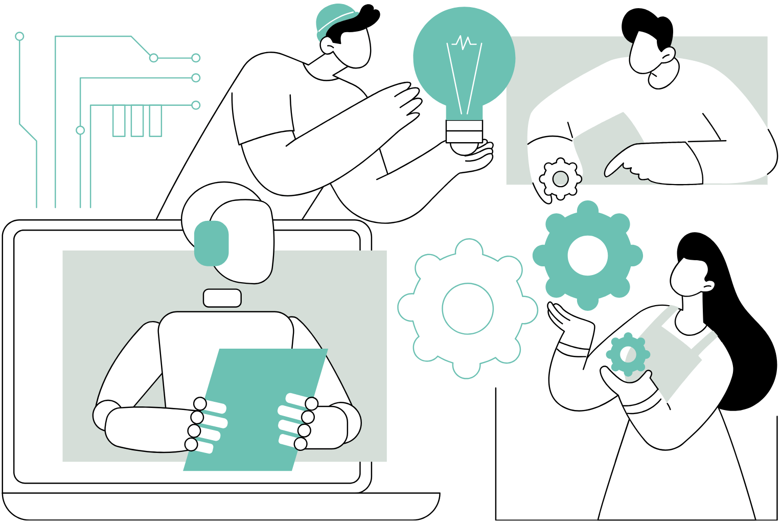 Illustration of connected digital tools, people, gears, and a lightbulb representing multiple systems working together in an online business.