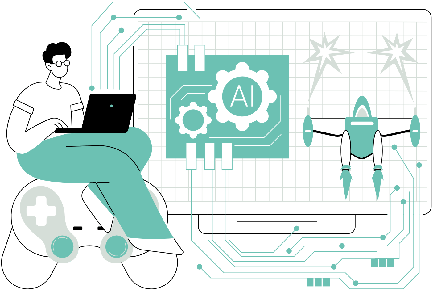 Illustration of creators building a mobile course experience with video, automation, and interactive content for Kajabi students.