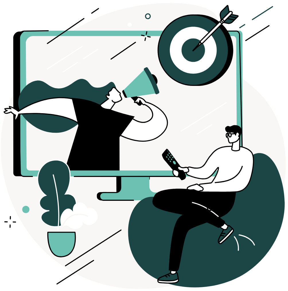 Illustration of an instructor presenting content while a student watches, representing guided learning, clear goals, and active course participation.