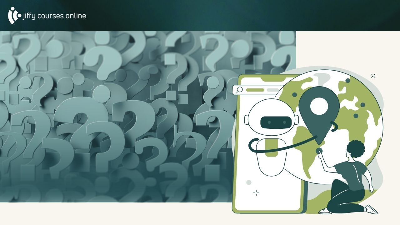 Photo with question marks and a Kajabi chatbot illustration guiding a course creator through Kajabi Expert Agents.