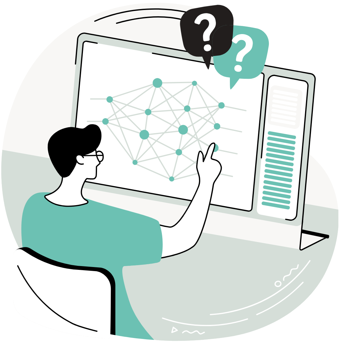 Illustration of a person reviewing a complex network of connected tools, representing the confusion of managing separate software platforms.