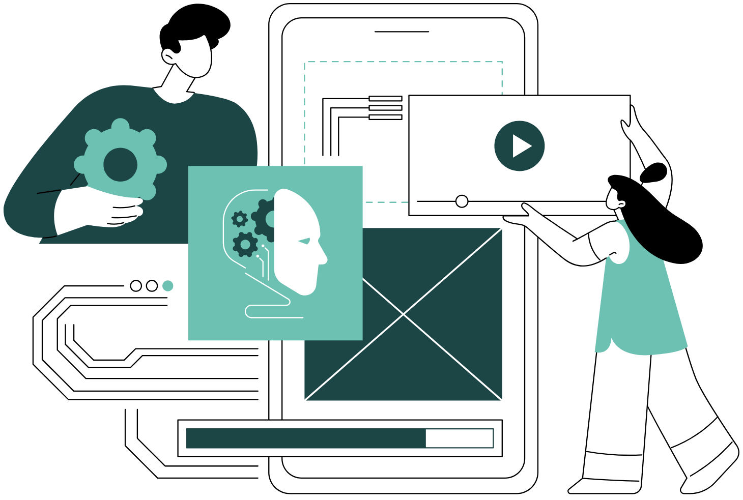 Illustration of people, automation, and connected systems working together, representing a streamlined all-in-one platform like Kajabi.