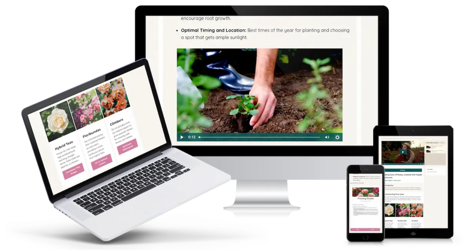 UpCourse displayed across desktop, laptop, tablet, and mobile devices, featuring video lessons alongside supporting written content, illustrating how visual demonstrations and multimedia lessons help students understand practical skills and processes more effectively.