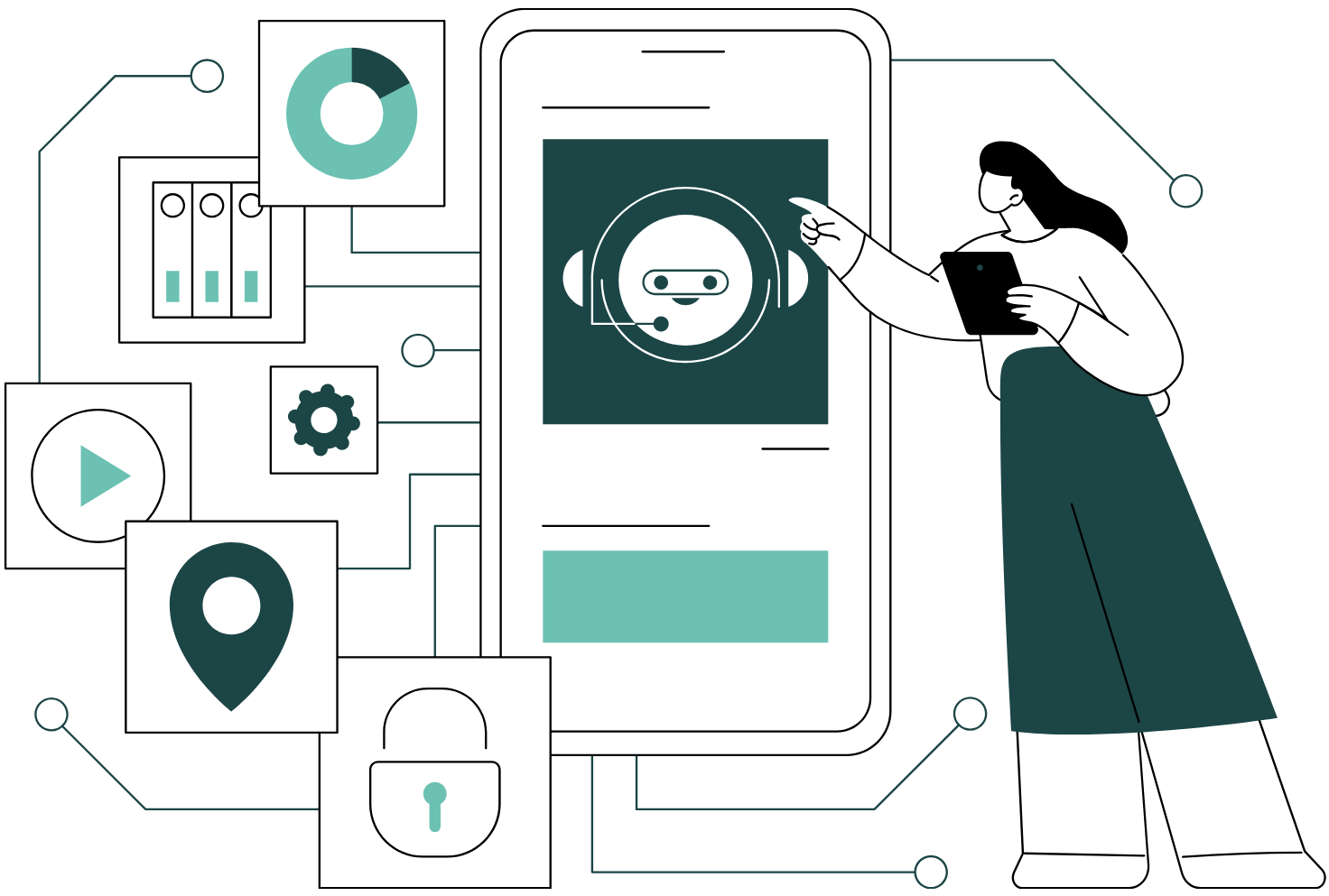 Illustration of a creator managing video, analytics, settings, and digital tools on a mobile device for an interactive online course.