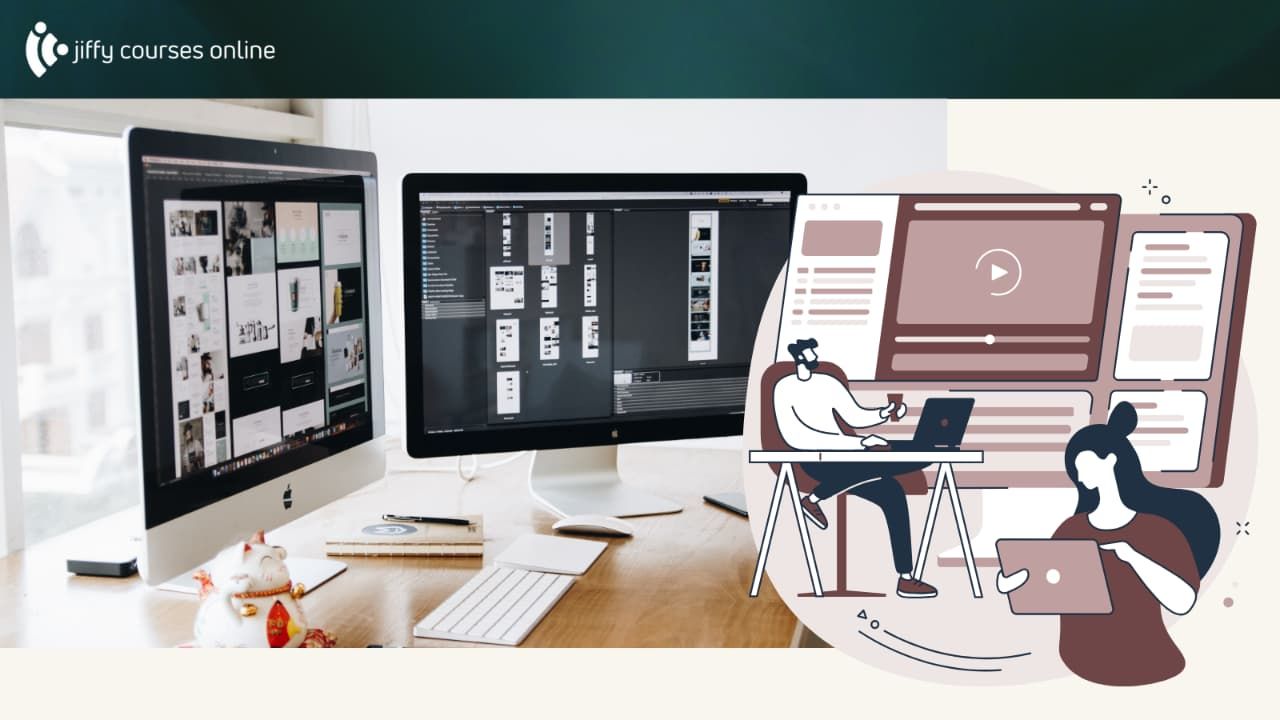Illustration of a creator building an online course with Kajabi templates