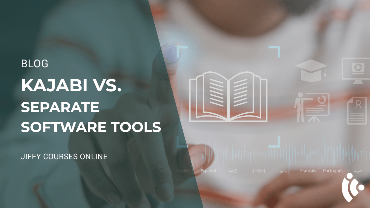 Featured image for a blog comparing Kajabi and separate software tools, showing a person interacting with digital learning icons representing online courses, education, and integrated business systems.