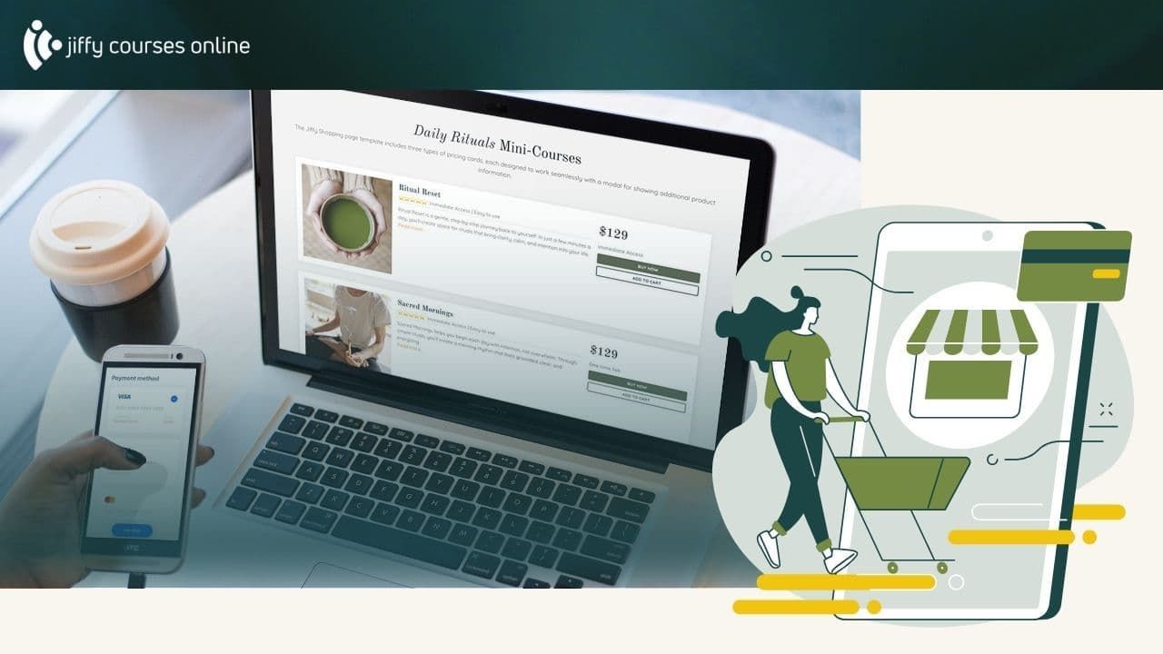 Laptop showing Kajabi shop page with multiple products
